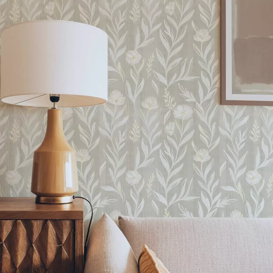 Fototapet Světlé trávy a květiny na béžovém pozadí, náčrtkové linie a00618