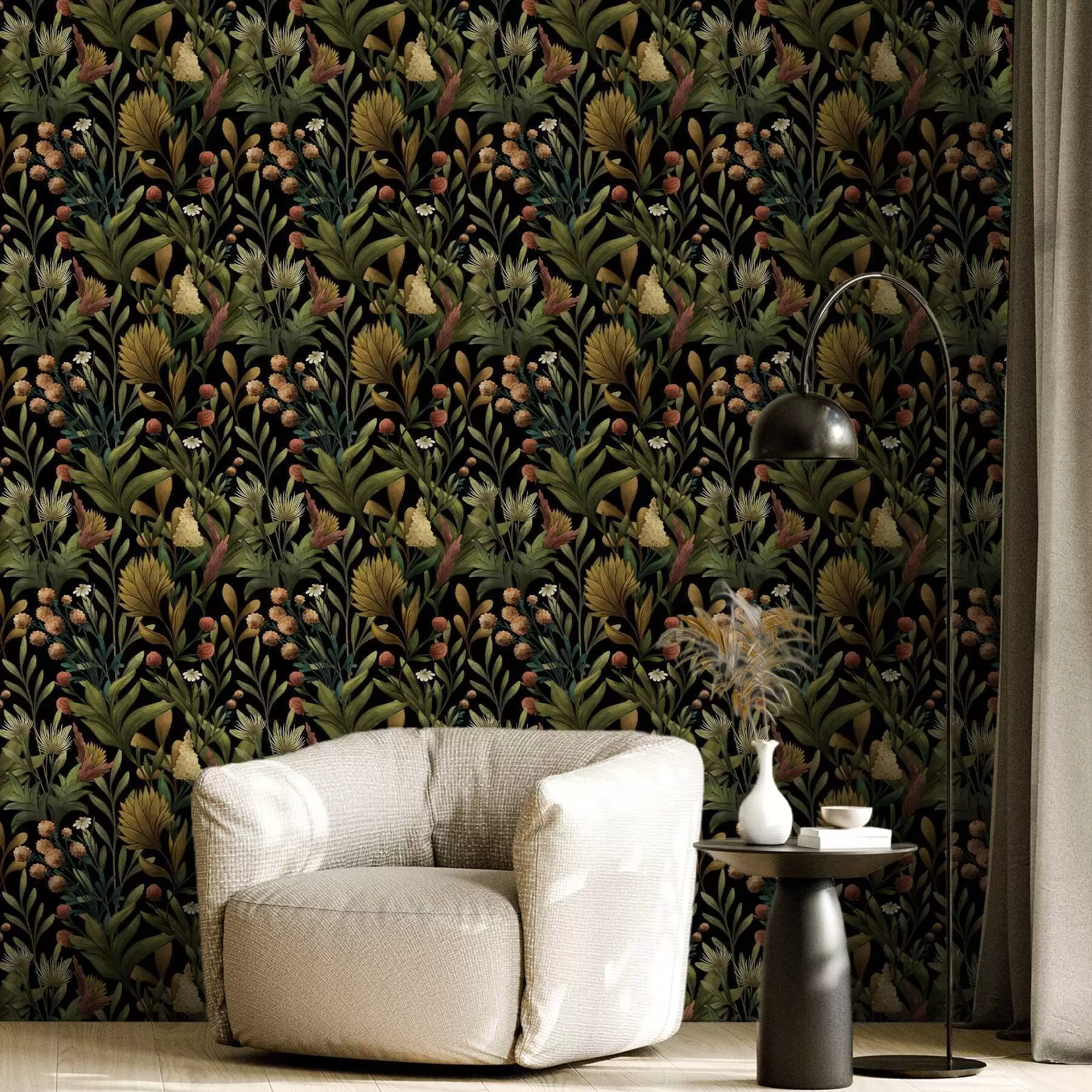 Fototapet Botanická zahrada na černém pozadí, teplá podzimní paleta barev a00619