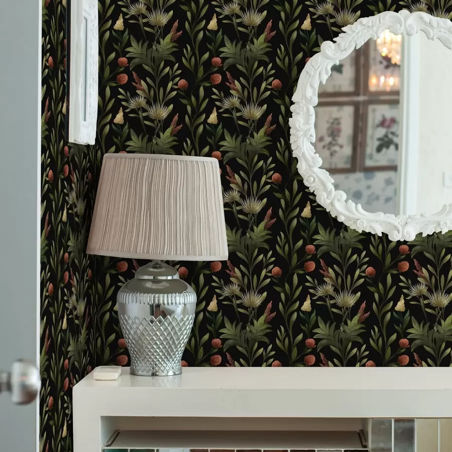 Fototapet Vysoké trávy a květy na černém, detailním potisku a00620