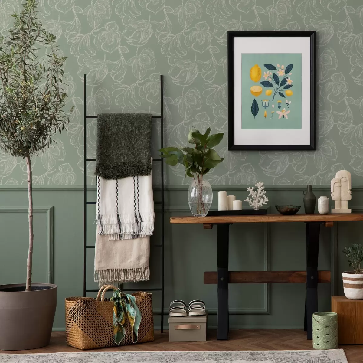 Tapety Lineární velké květy, křídové tahy na šalvějovém pozadí a00625v1