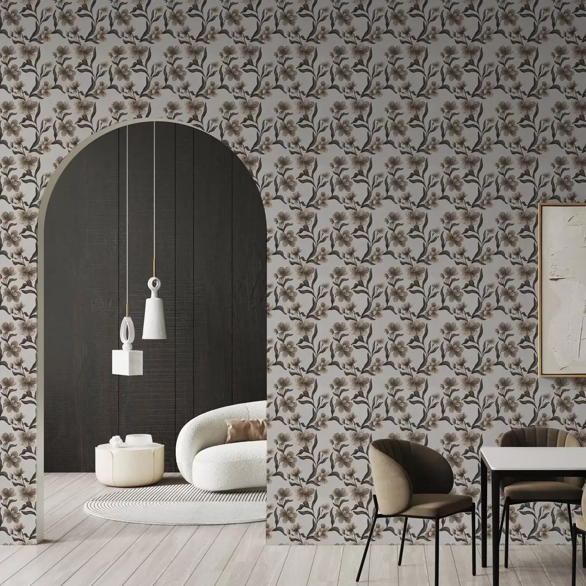 Tapety Béžové květy a tmavé větve na světle šedém pozadí a00626v1