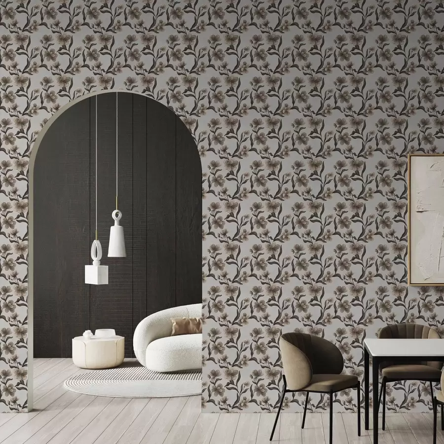 Fototapet Béžové květy a tmavé větve na světle šedém pozadí a00626v1