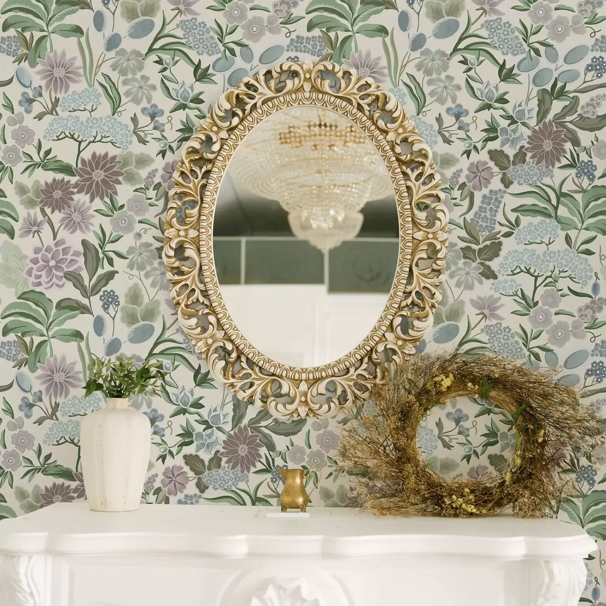 Tapety Pastelové květiny a listy v mátově modré paletě a00642