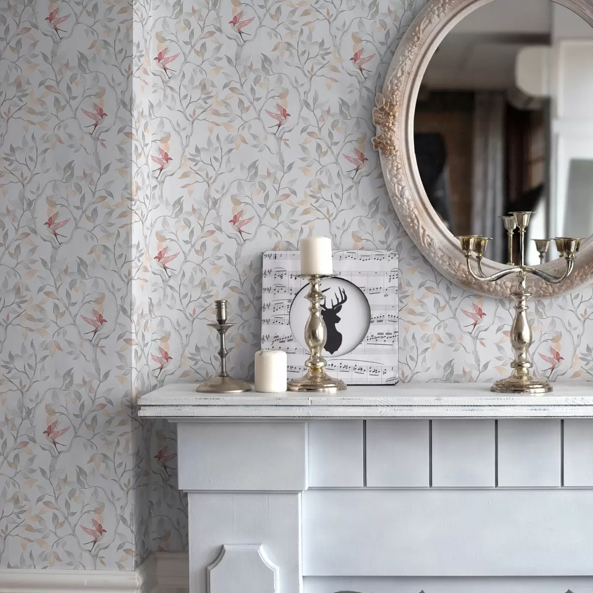 Tapety Světlé větve s listy a ptáky v broskvových tónech a00716