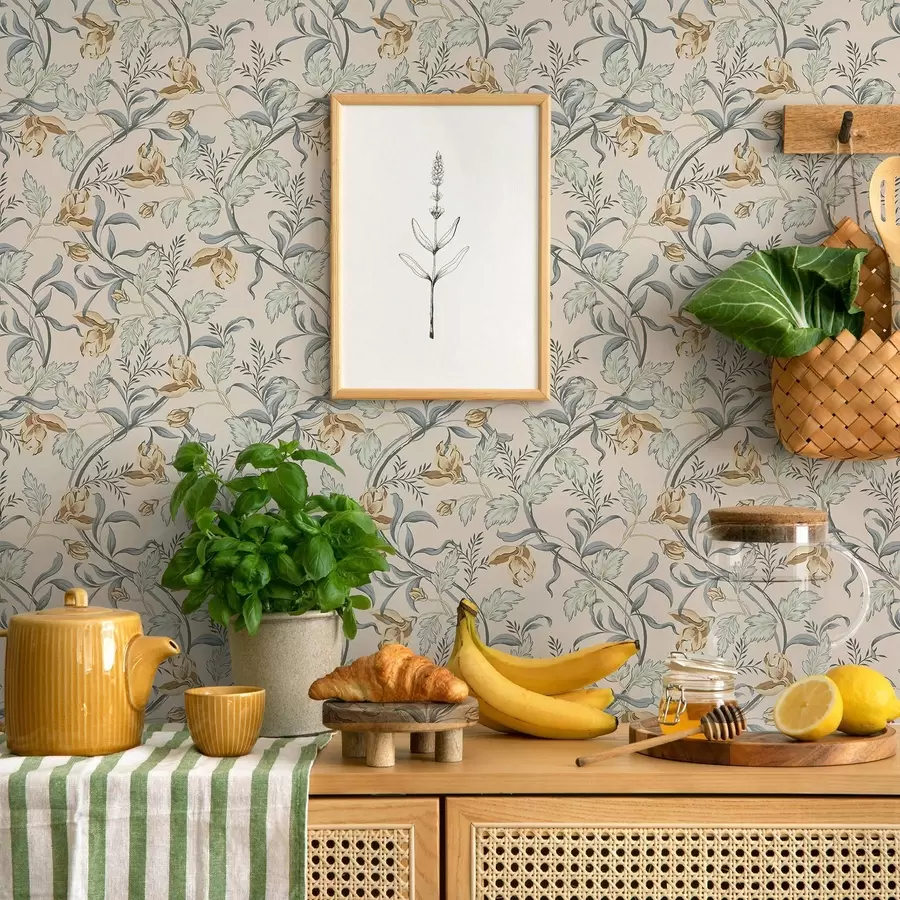 Fototapet Vintage květiny s modrými listy na krémovém pozadí a00717