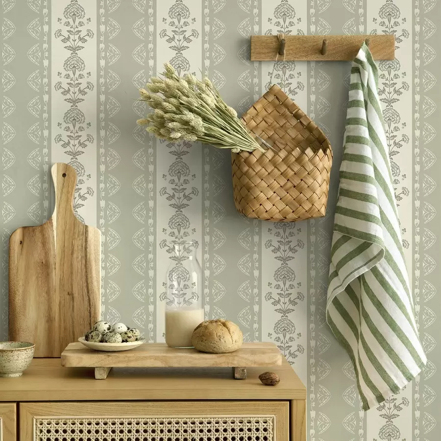 Fototapet Pruhovaný ornament s květinovými sloupky v šalvějových tónech a00719