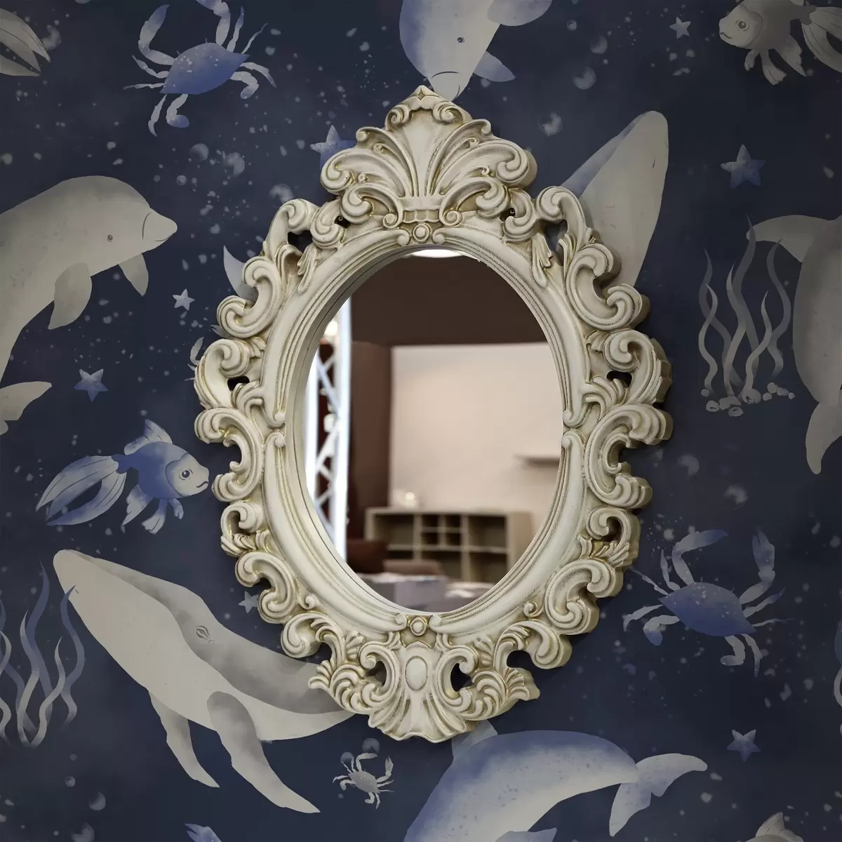 Tapety Mořské velryby, delfíni a krabi na tmavě modrém pozadí a00720