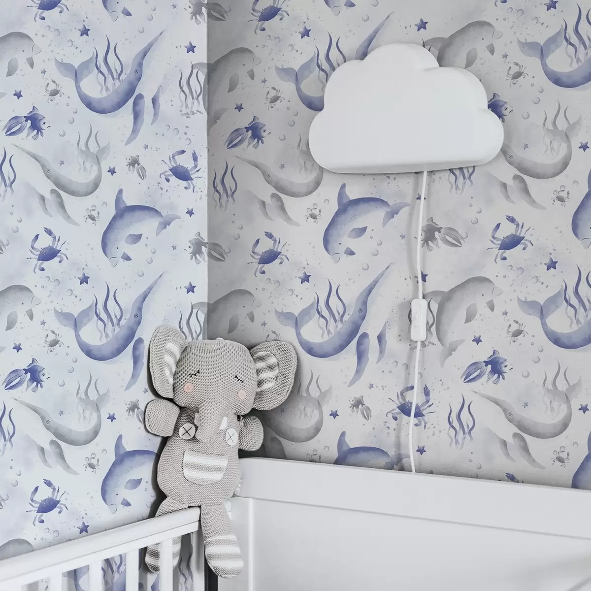 Tapety Mořské velryby a delfíni v modrých tónech na bílém pozadí a00720v1