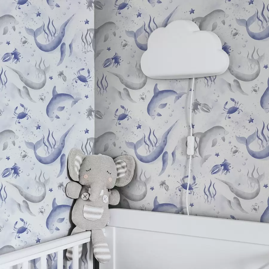 Fototapet Mořské velryby a delfíni v modrých tónech na bílém pozadí a00720v1