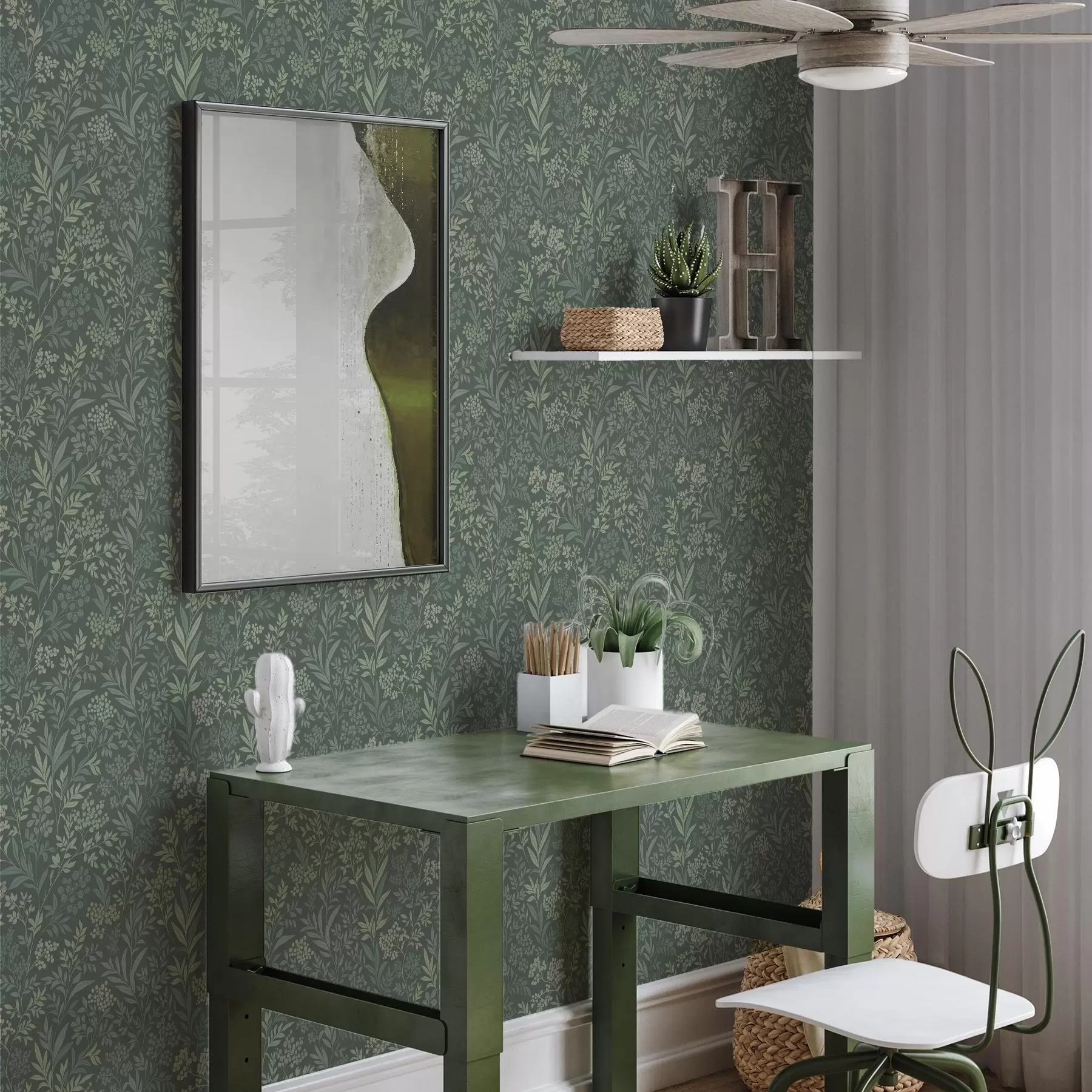 Fototapet Smaragdově zelené trávy a bobule, jemný botanický vzor a00740