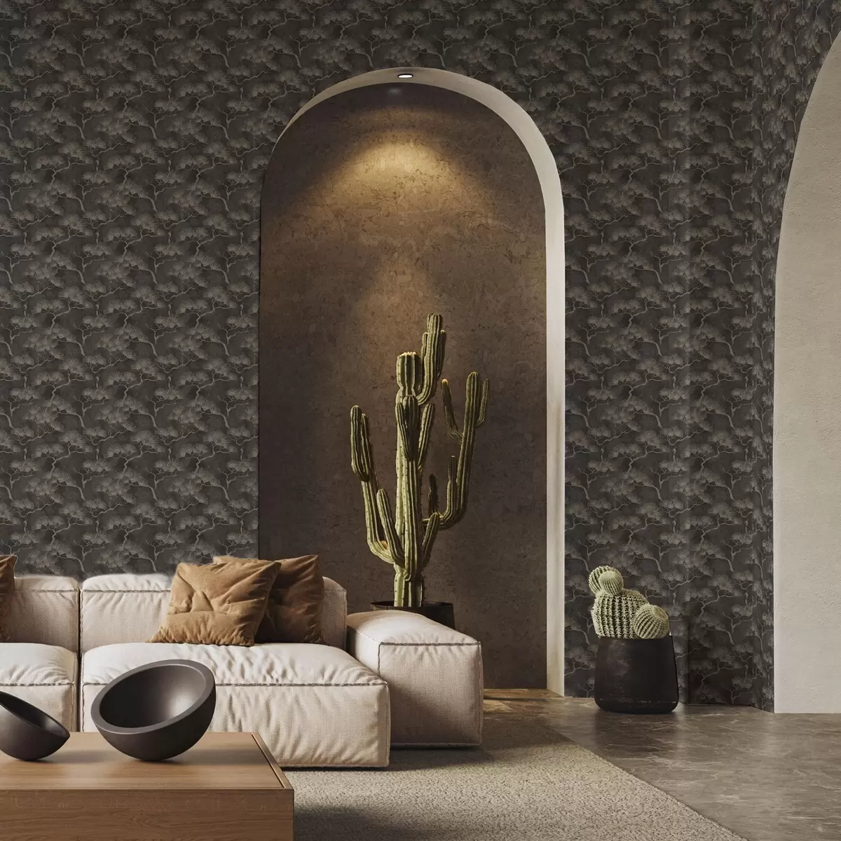 Tapety Siluety borovic na tmavém pozadí, mlhavá textura a00742