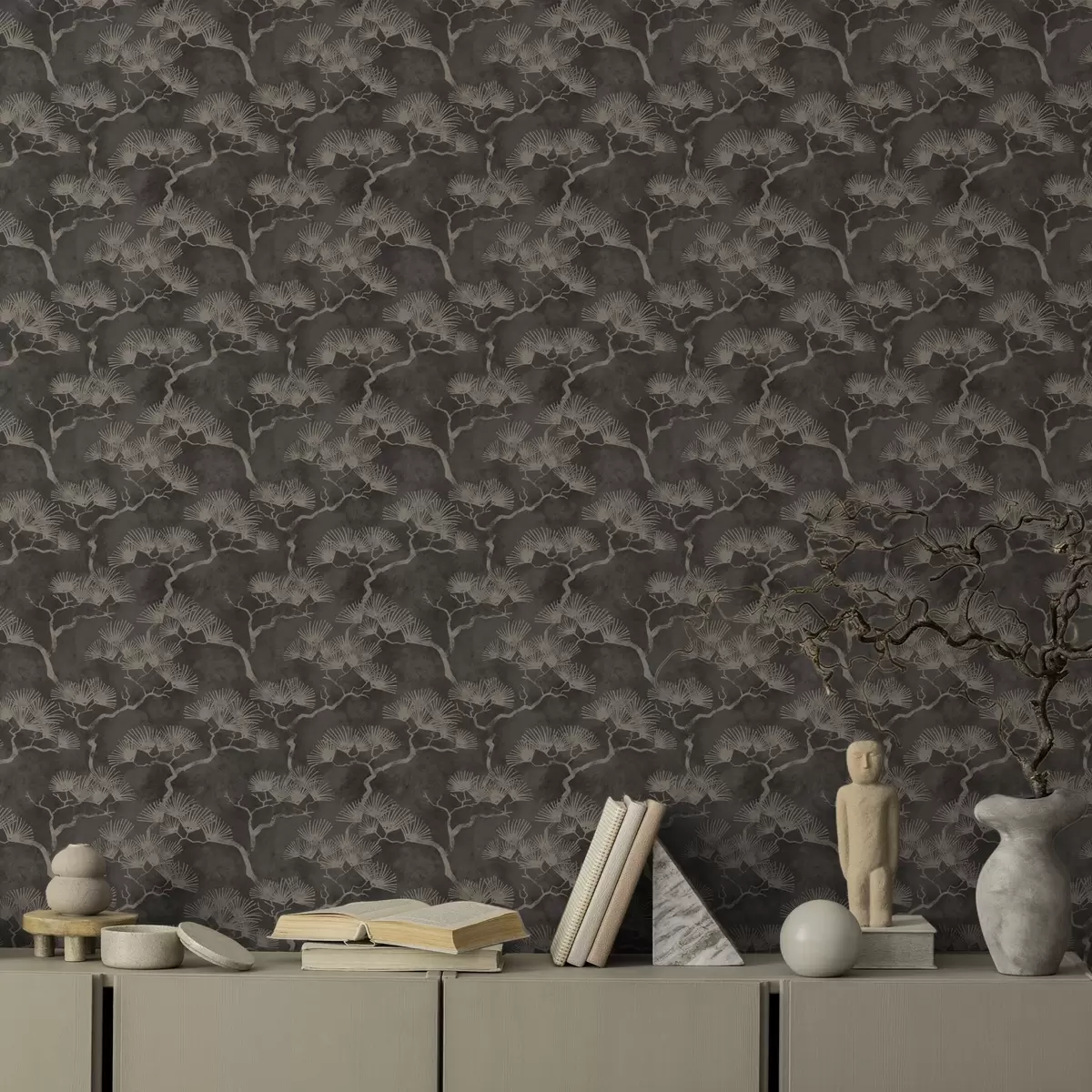 Tapety Siluety borovic na tmavém pozadí, mlhavá textura a00742