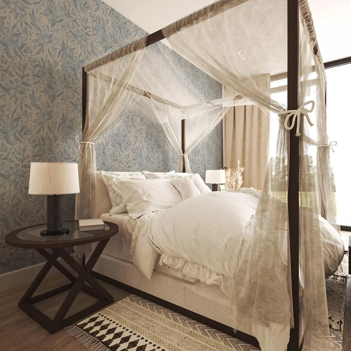 Tapety Modrý lineární květinový vzor na teplé béžové barvě a00630v2