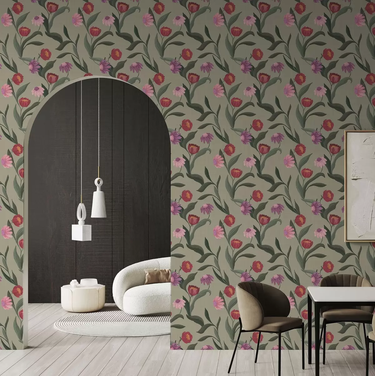 Tapety Růžovočervené květy na olivovém pozadí, plátěná textura a00631v1