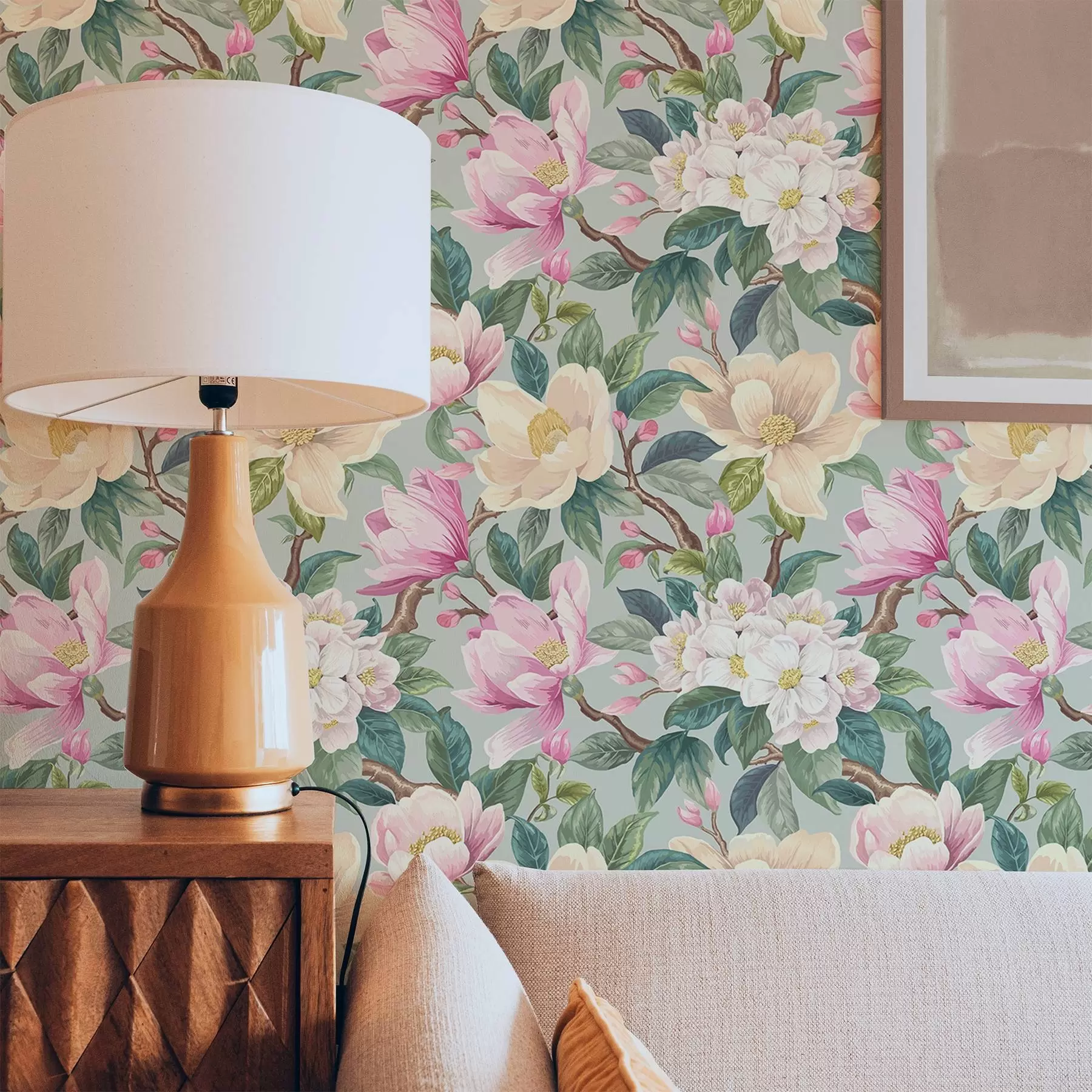 Fototapet Magnólie a bílé květy na mátově šedém pozadí a00644