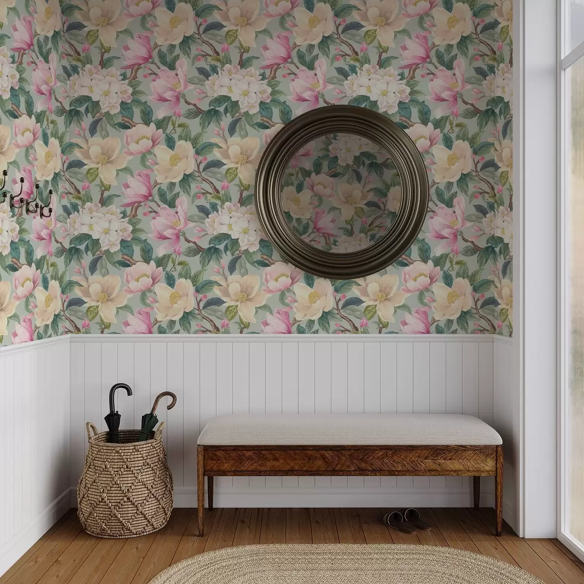 Tapety Magnólie a bílé květy na mátově šedém pozadí a00644