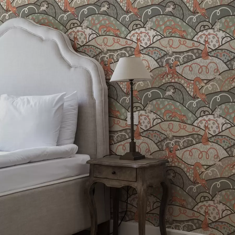 Fototapet Lišky a zajíci na zvlněných kopcích, retro vzor a00690