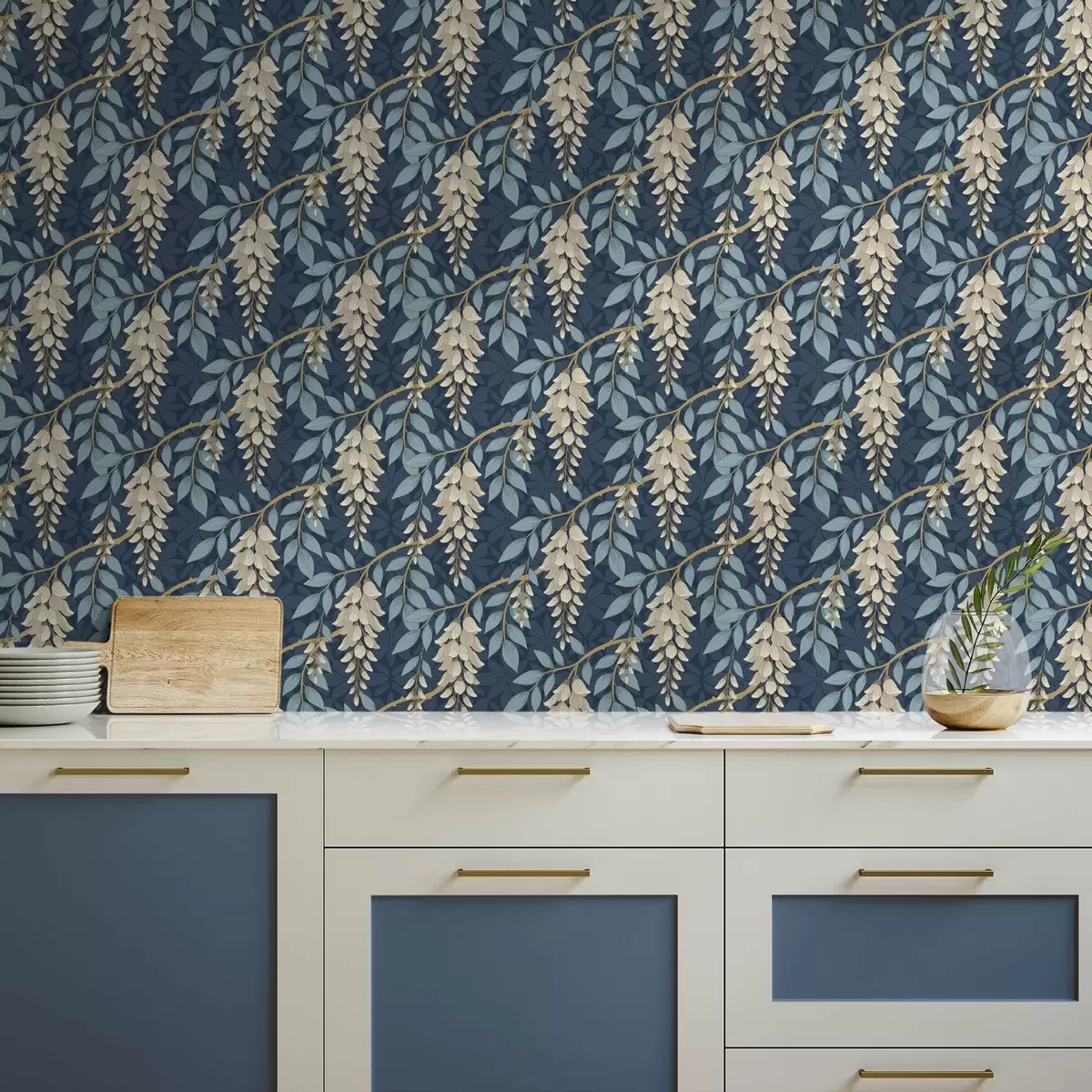 Tapety Wisteria s modrými listy na tmavě modrém pozadí a00694v2