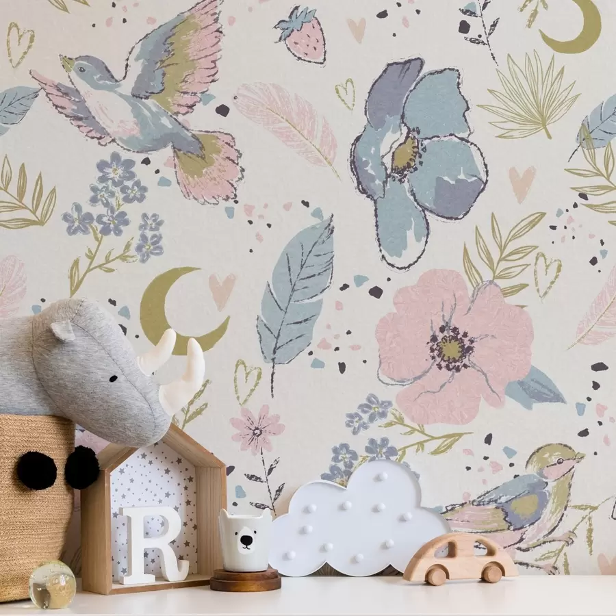 Fototapet Pastelové ptáky a květiny s půlměsíci na bílém pozadí a00721