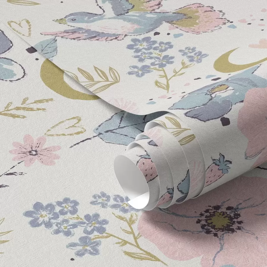 Fototapet Pastelové ptáky a květiny s půlměsíci na bílém pozadí a00721