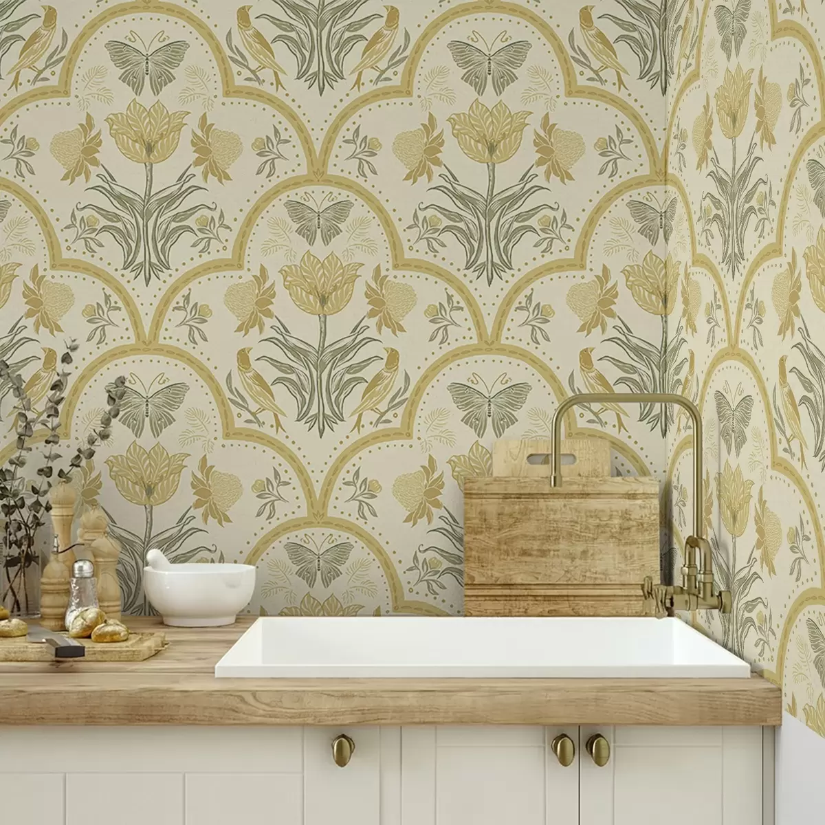 Tapety Ozdoba s tulipánem, ptáky a motýly, okrová a00722