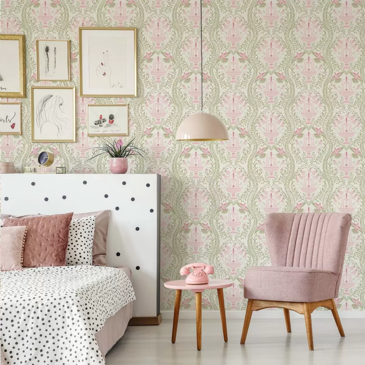 Tapety Fontány, kolibříci a zelené svitky na světlém pozadí a00723