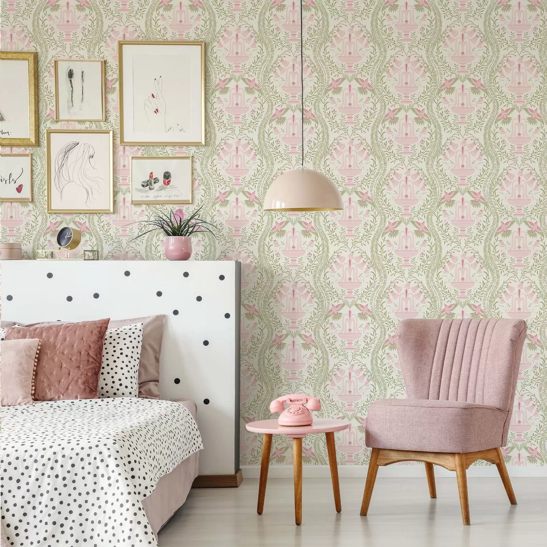 Fototapet Fontány, kolibříci a zelené svitky na světlém pozadí a00723