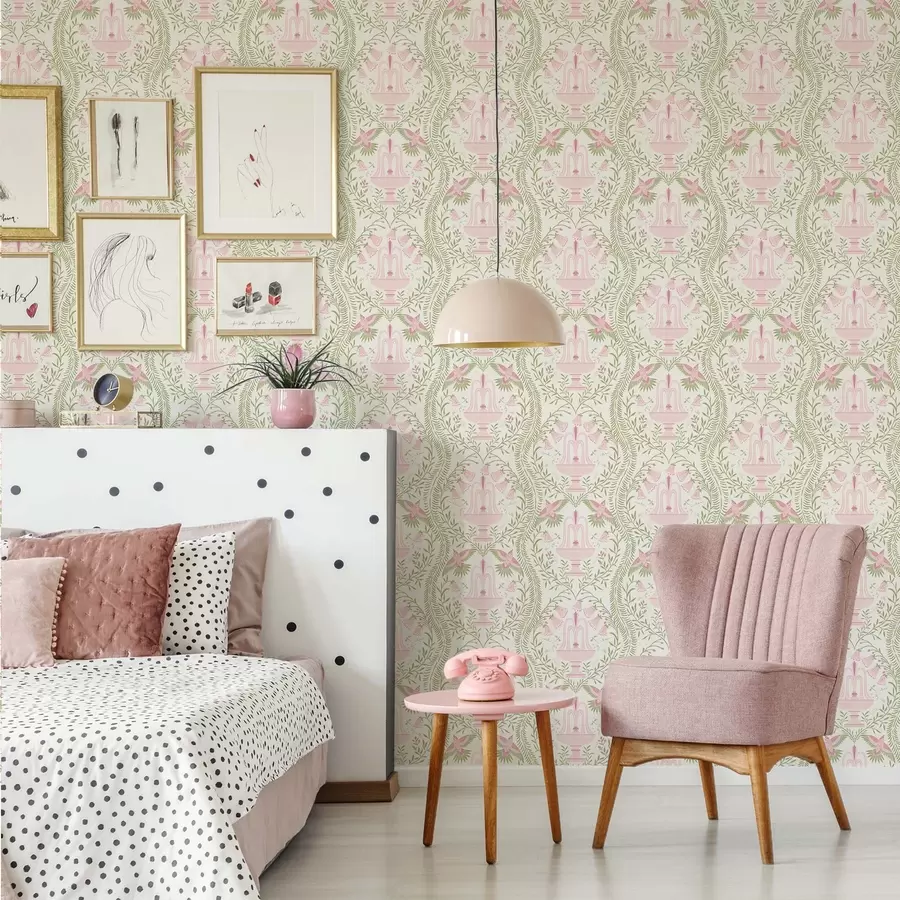 Fototapet Fontány, kolibříci a zelené svitky na světlém pozadí a00723