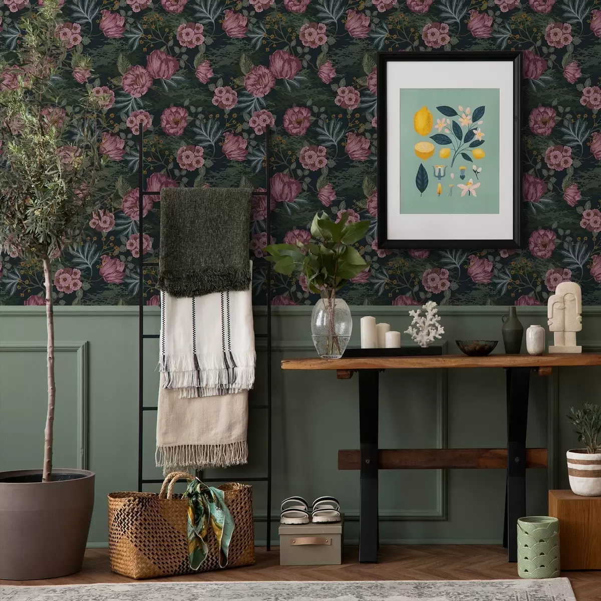 Tapety Tmavá flóra s růžovými květy a listy, tmavé pozadí a00724