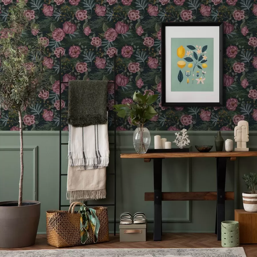 Fototapet Tmavá flóra s růžovými květy a listy, tmavé pozadí a00724