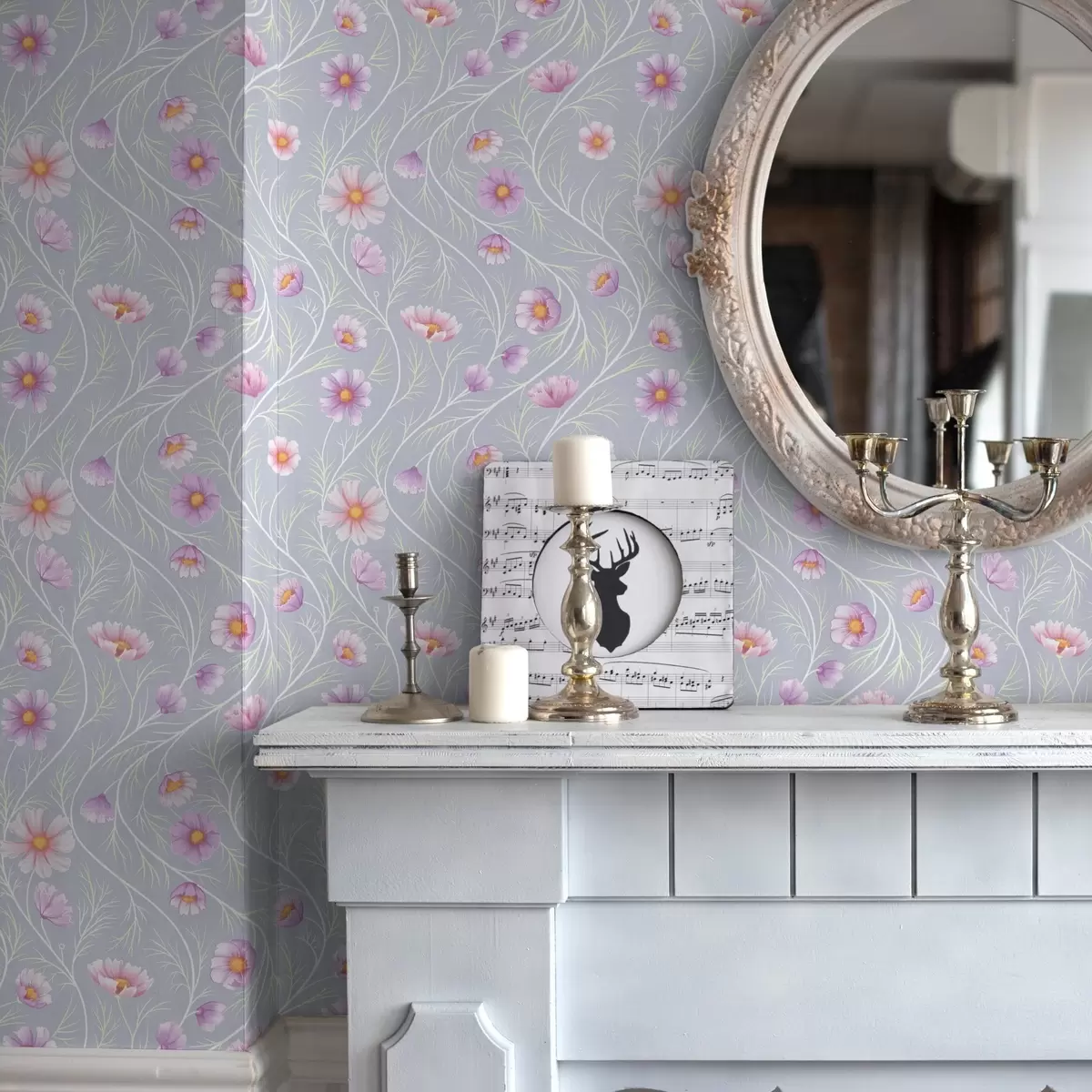 Tapety Růžový kosmos a štíhlé stonky na šedém pozadí a00791