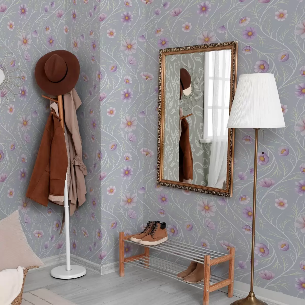 Tapety Růžový kosmos a štíhlé stonky na šedém pozadí a00791