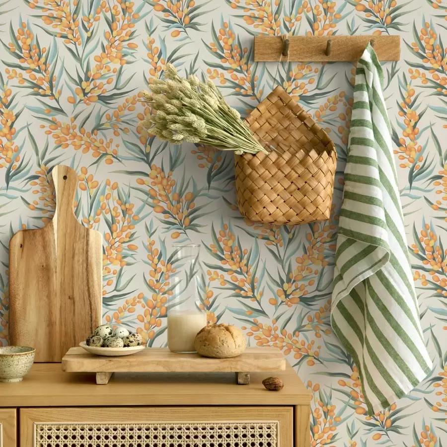 Fototapet Větve rakytníku s oranžovými bobulemi, světlé pozadí a00792