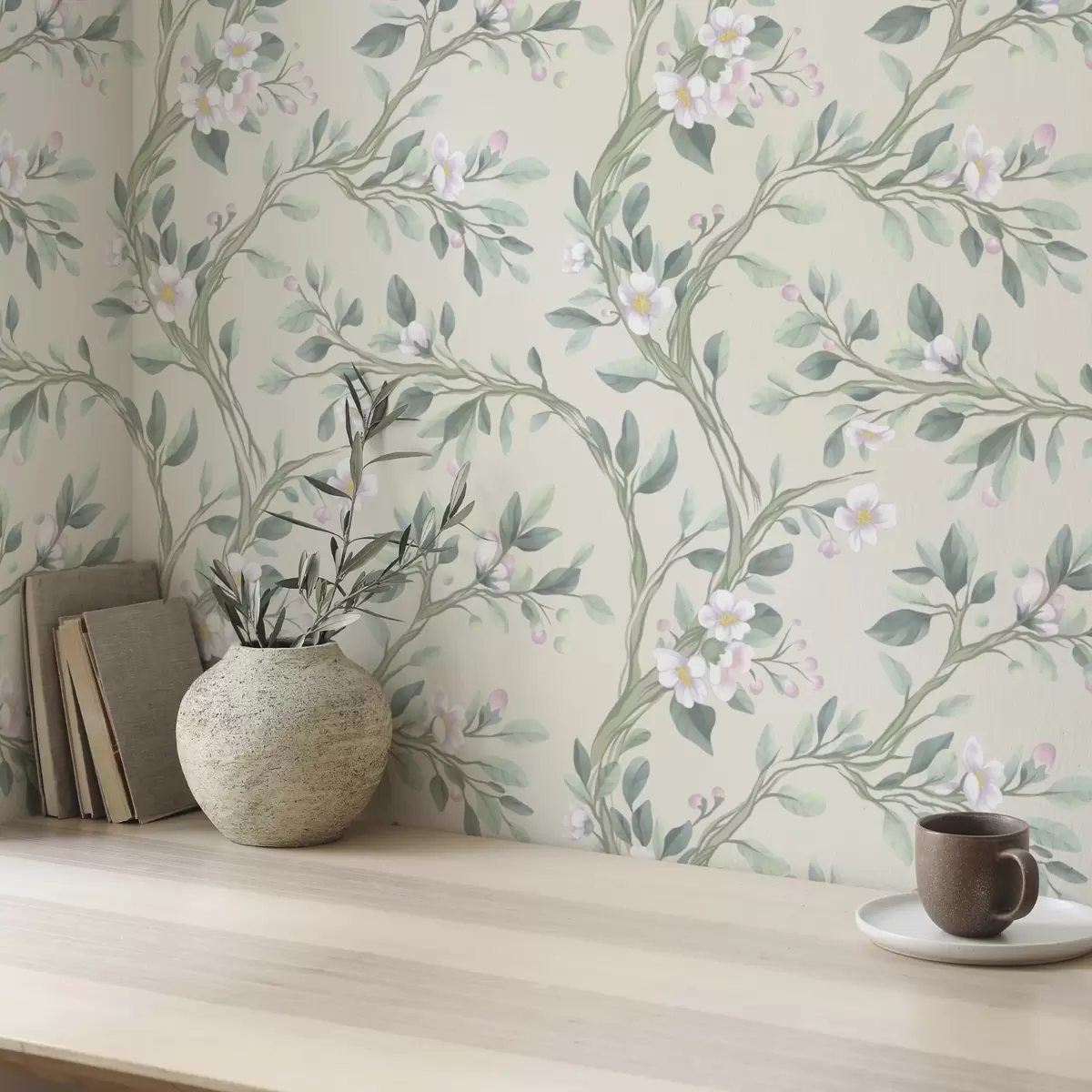 Tapety Jemné rozkvetlé větve na krémovém pozadí, pastelové barvy a00793