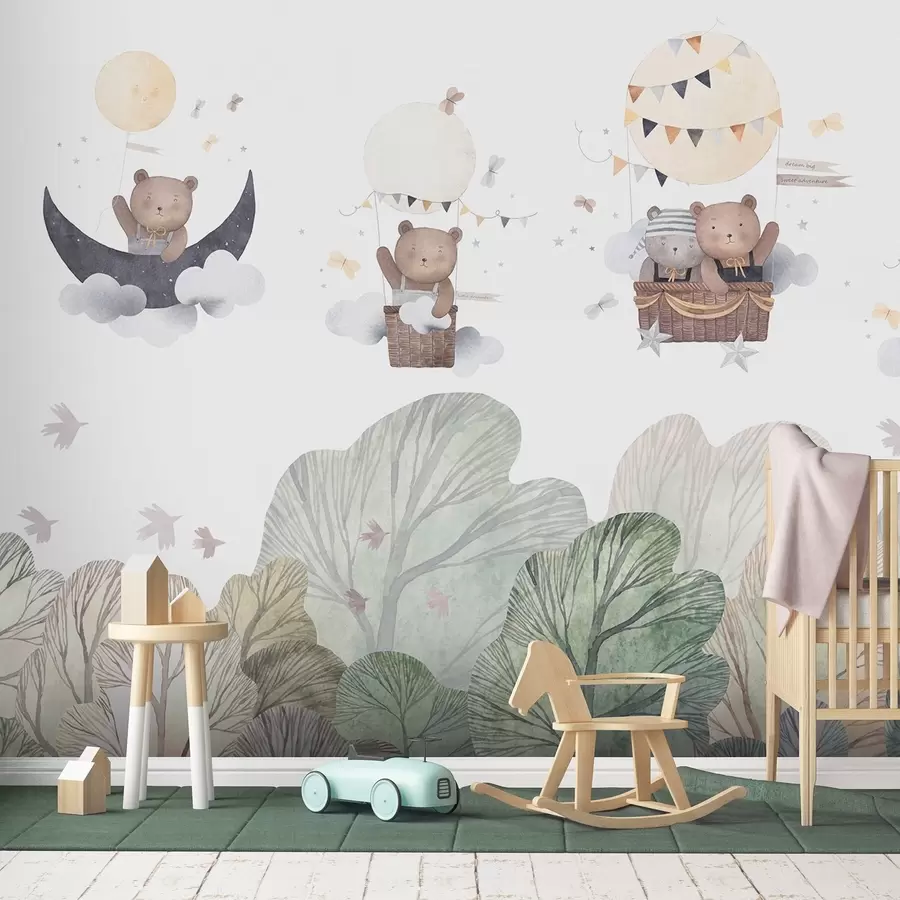 Fototapet Balónky ve stylu akvarelu s medvědy nad lesem w09437