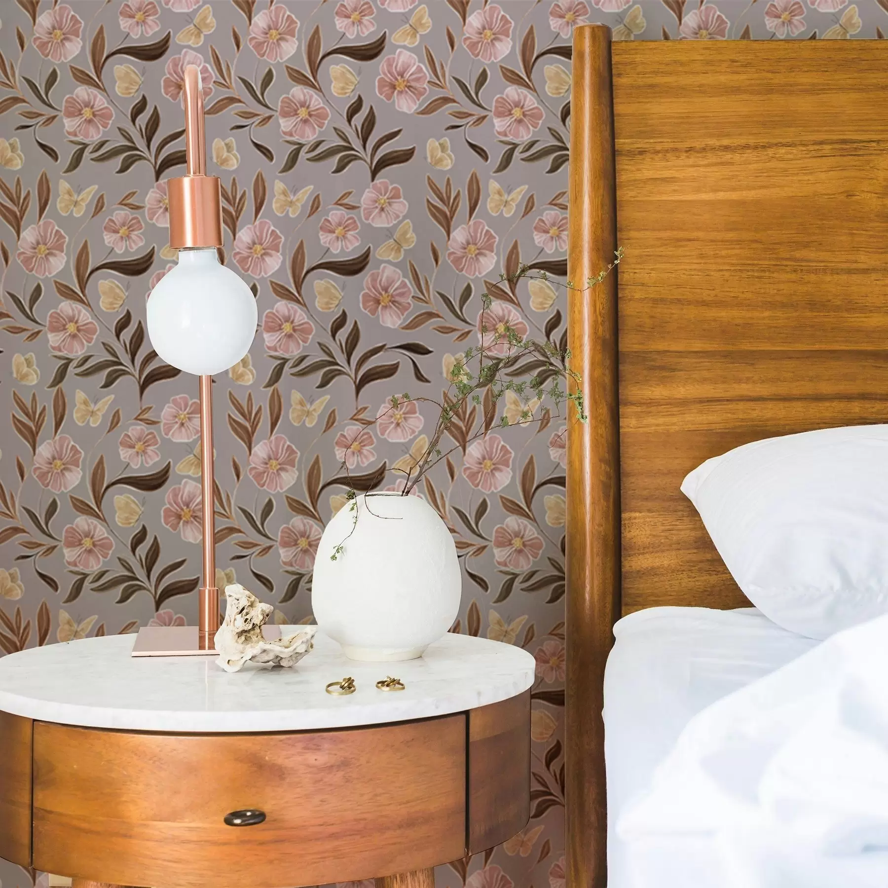 Fototapet Růžové květy a motýli na šedobéžovém pozadí a00633