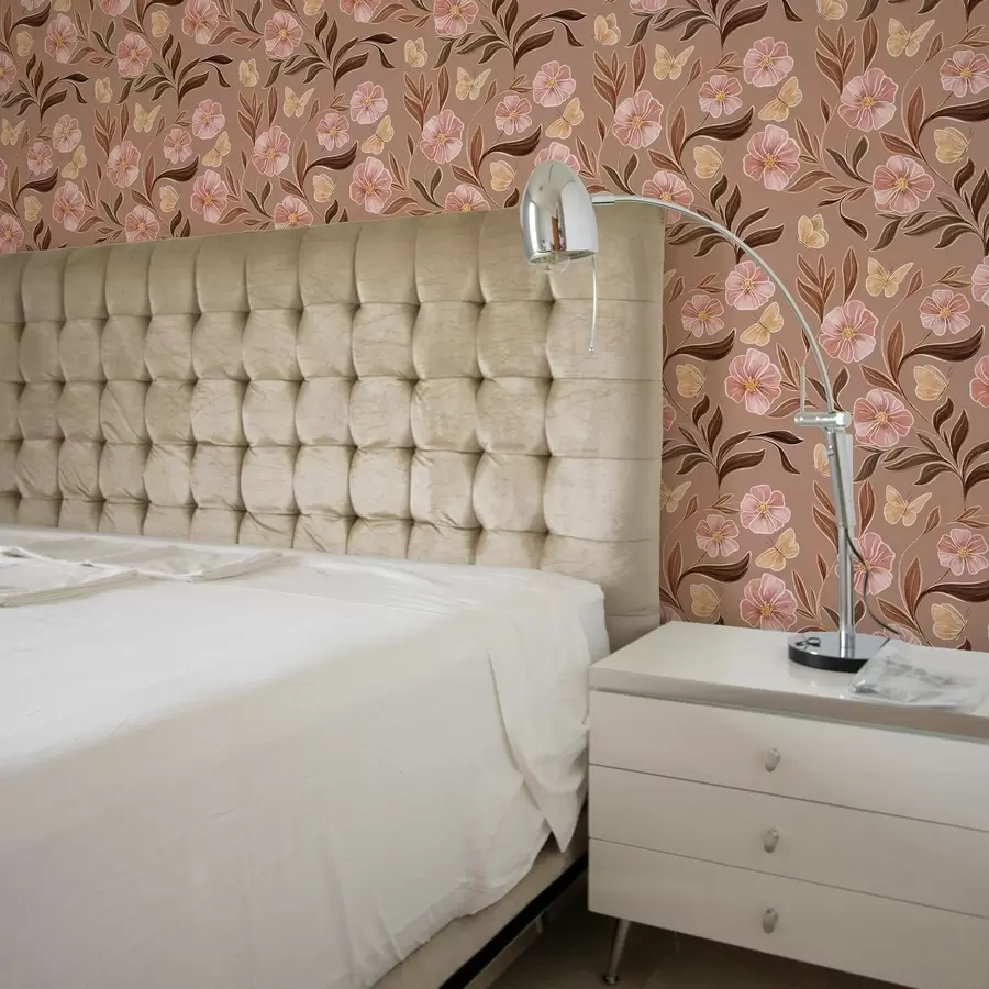 Fototapet Růžové květy a motýli na teplém hnědém pozadí a00633v1