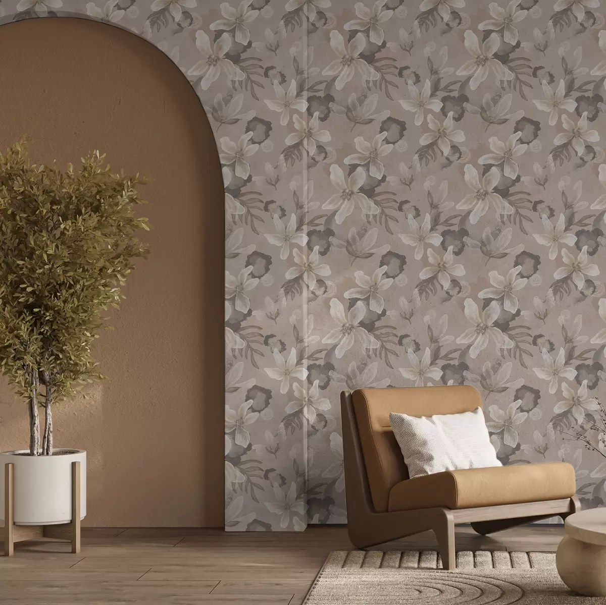 Tapety Velké béžové květy s abstraktními akvarelovými skvrnami a00635