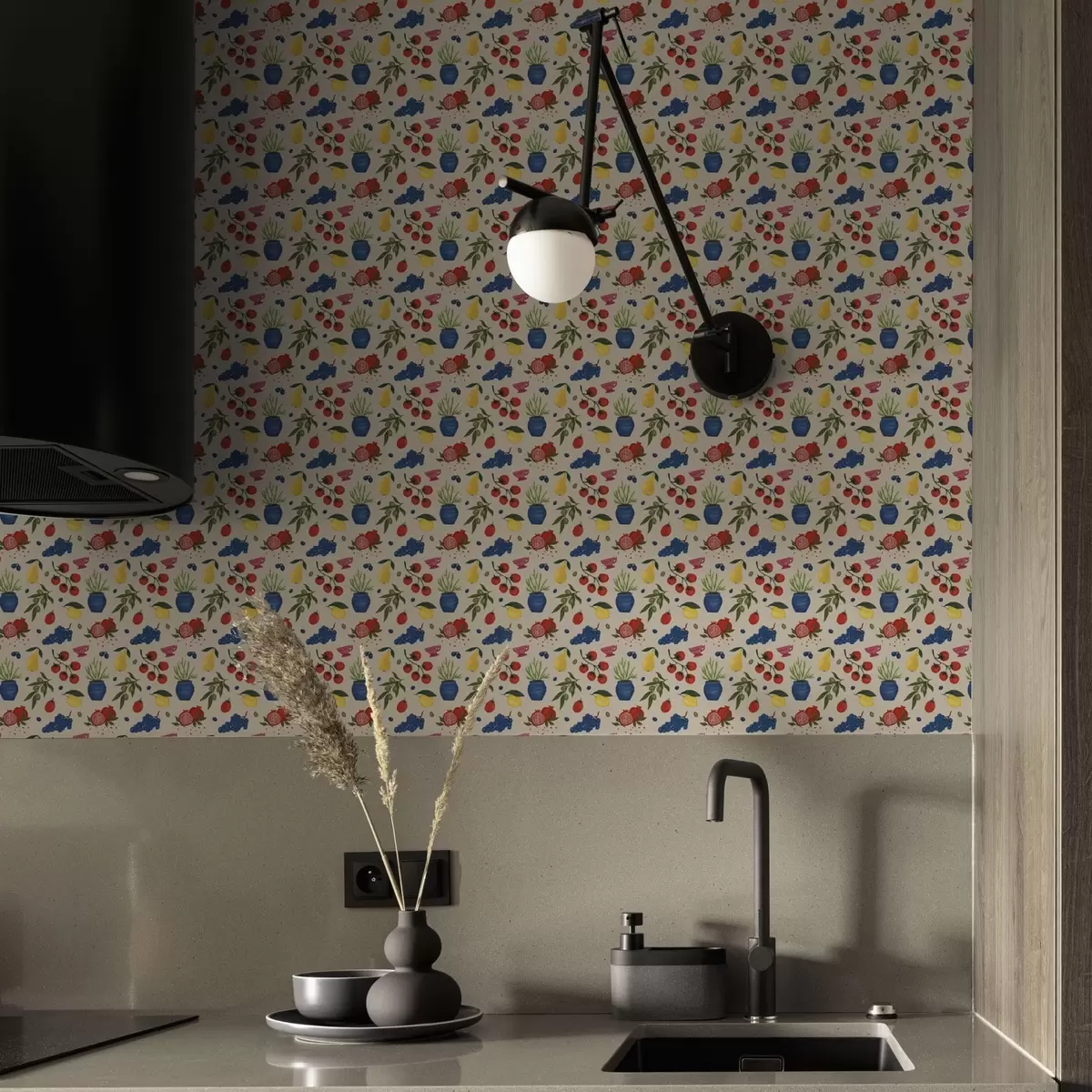 Tapety Živý vzor s ovocem, větvemi a vázami a00637