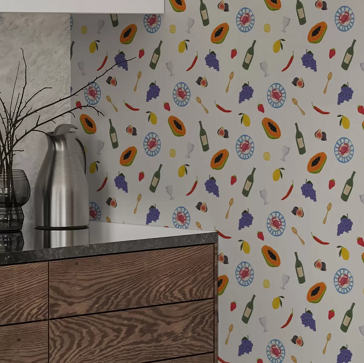 Tapety Uspořádané ovoce, víno a koření na světlém pozadí a00639