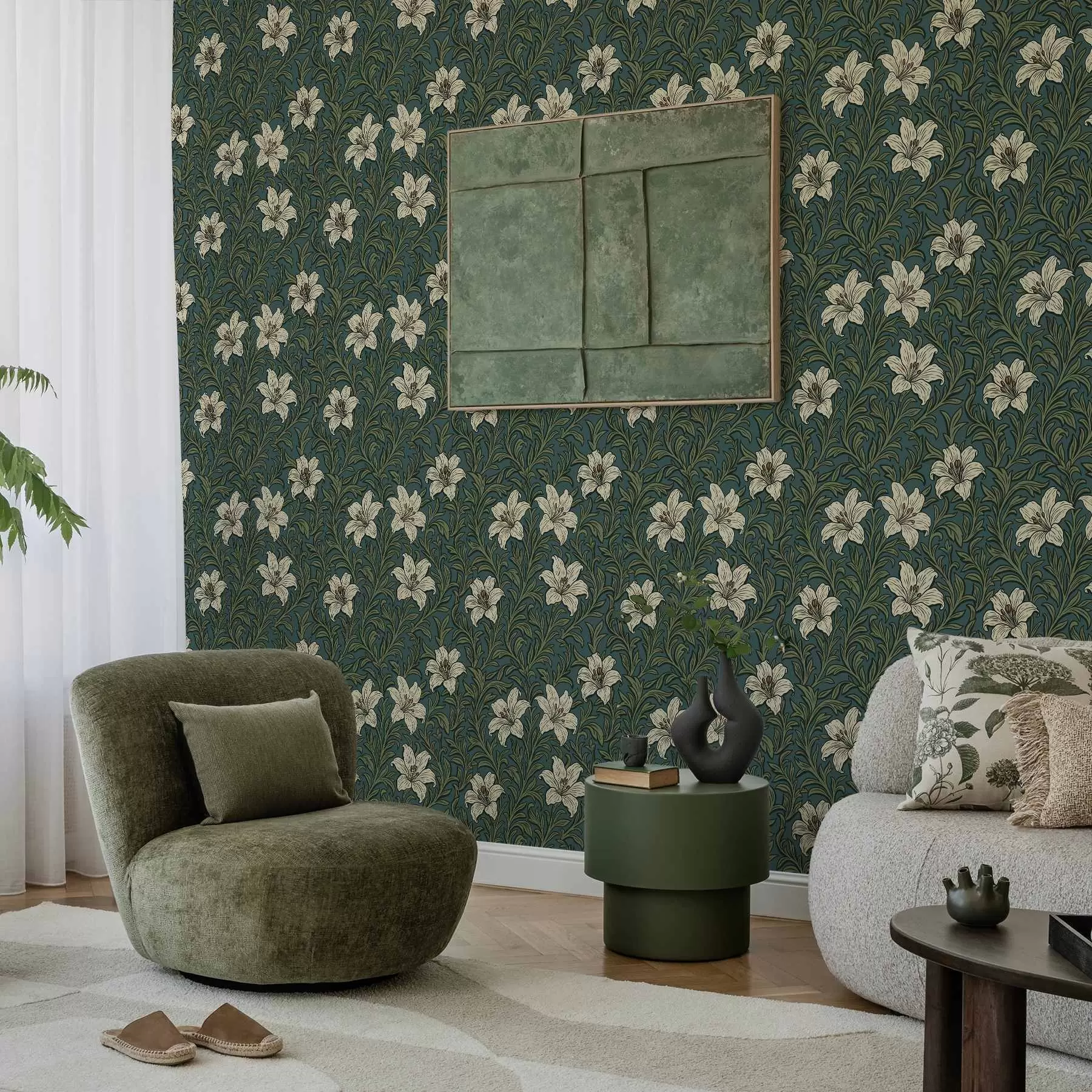 Fototapet Krémové lilie mezi hustou zelení na tyrkysovém pozadí a00645