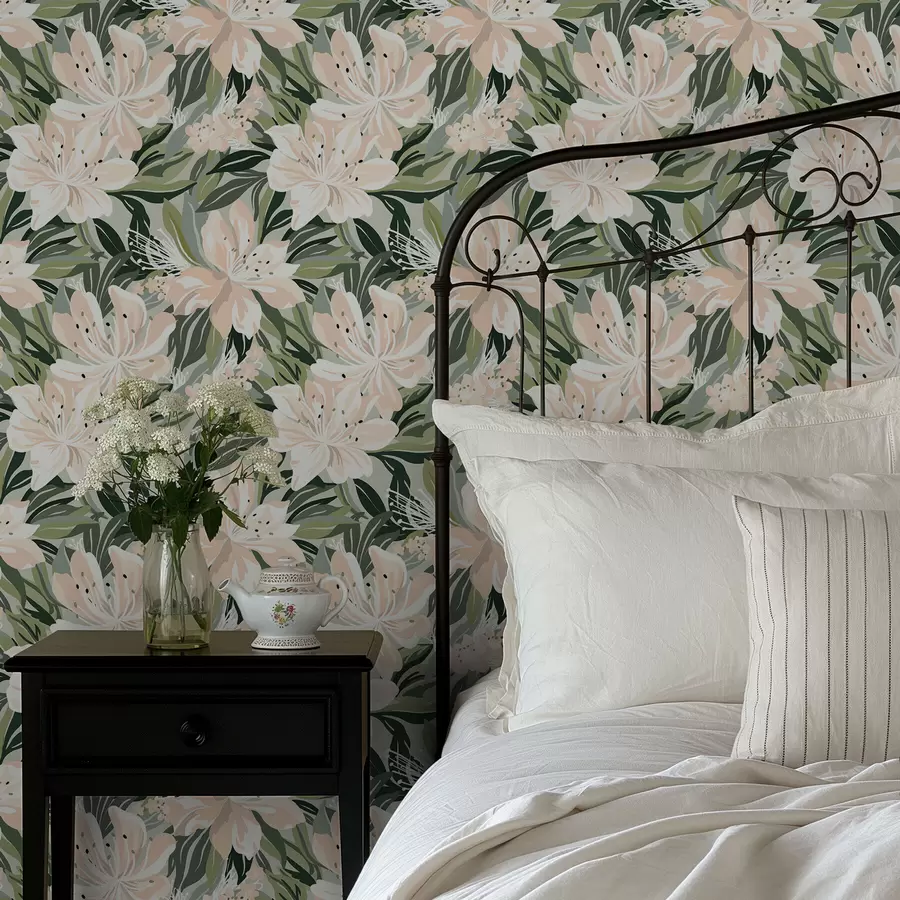 Fototapet Velké krémové květy na světle zeleném pozadí a00646