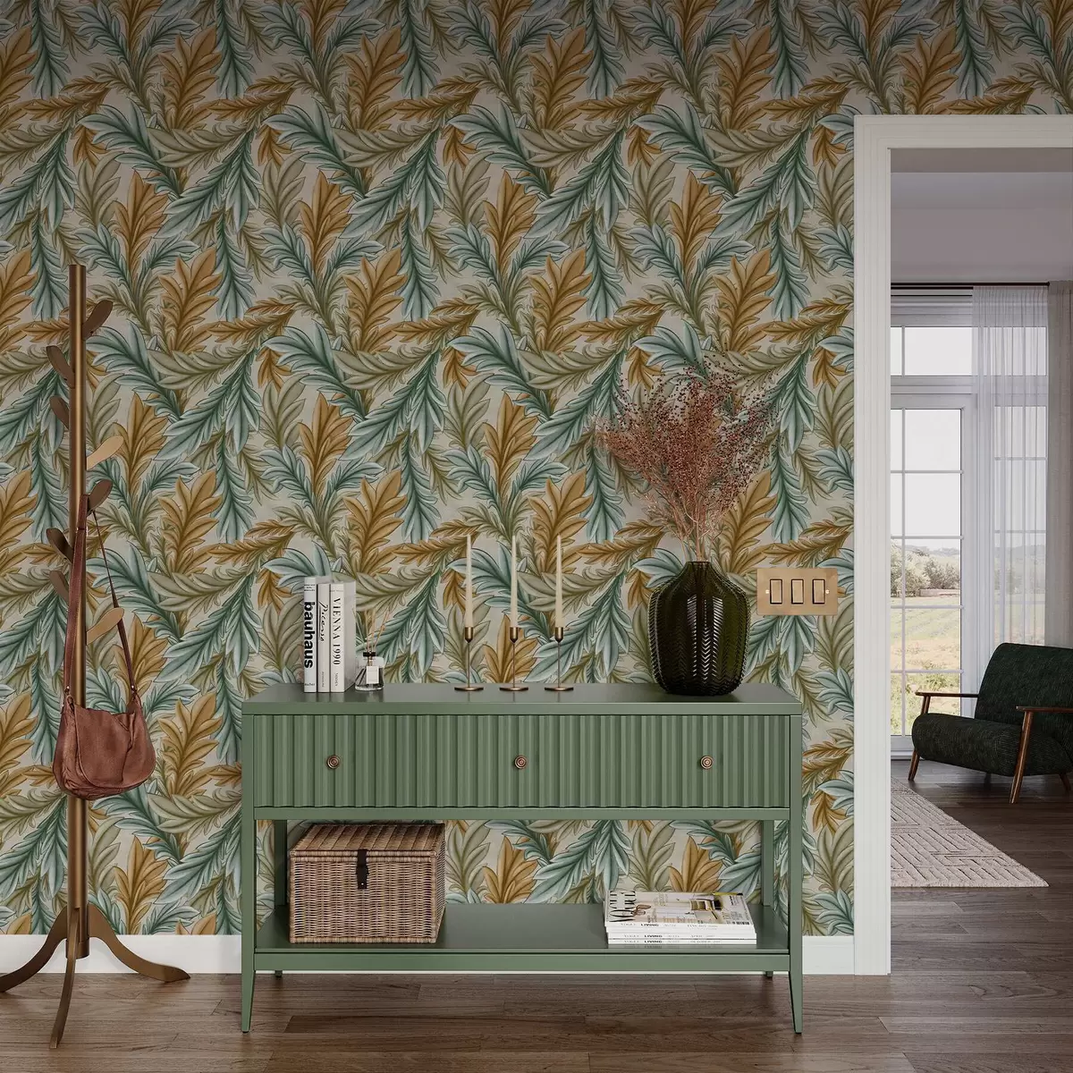 Tapety Dekorativní listoví v teplých okrových a zelených barvách a00673