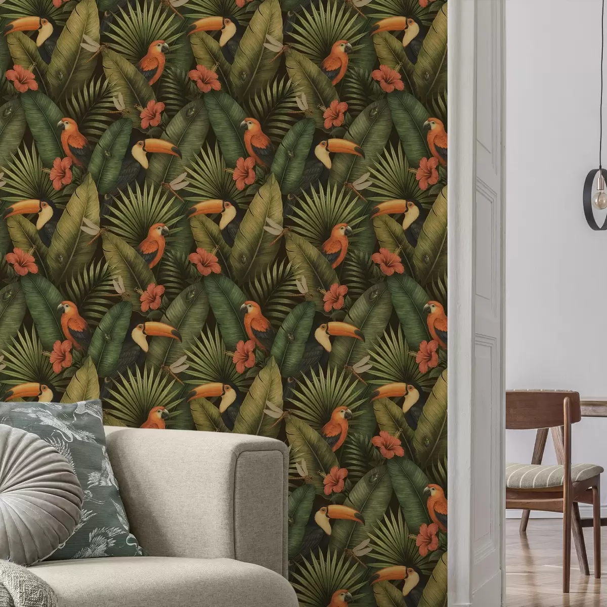 Tapety Tukan a papoušci mezi tropickou zelení a květinami a00702