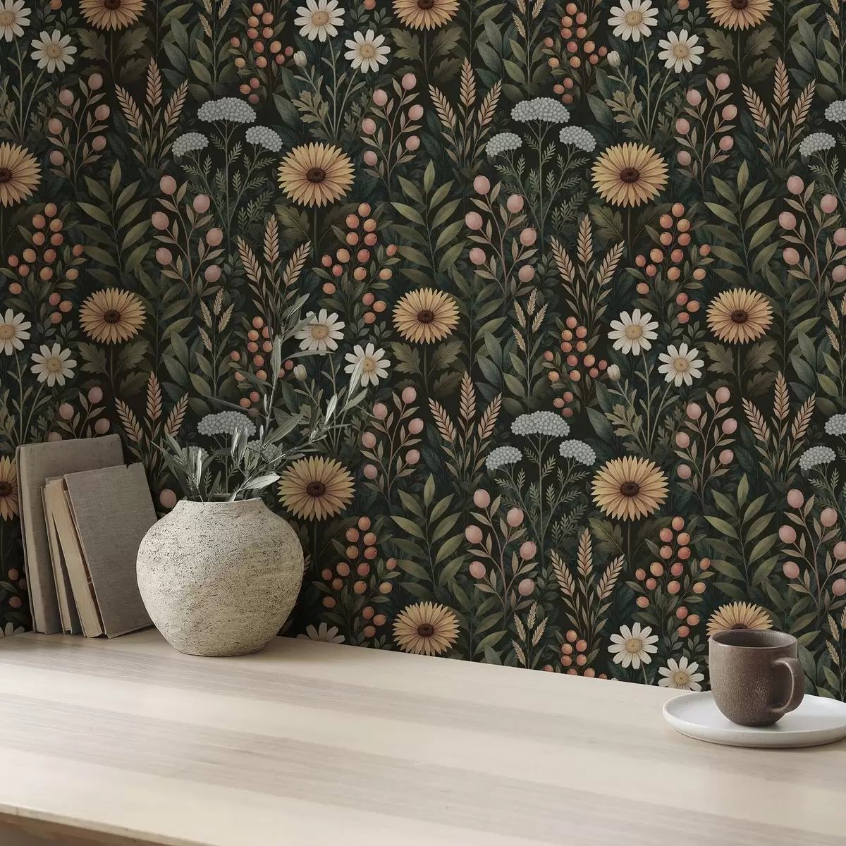 Tapety Divoké květiny a bobule na tmavém pozadí, přírodní ornament a00707