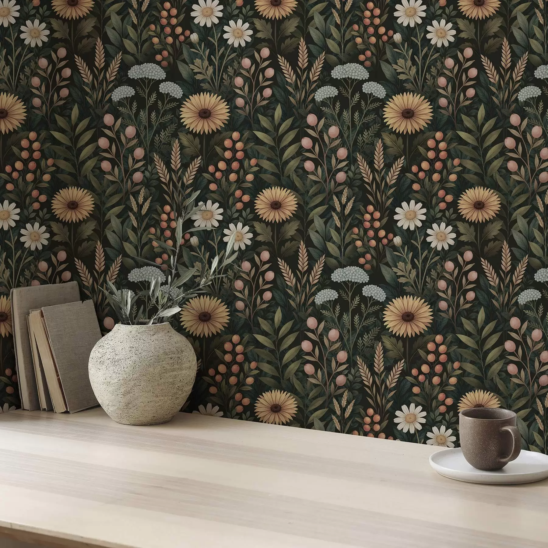 Fototapet Divoké květiny a bobule na tmavém pozadí, přírodní ornament a00707