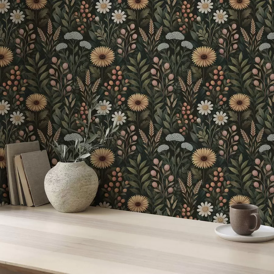 Fototapet Divoké květiny a bobule na tmavém pozadí, přírodní ornament a00707