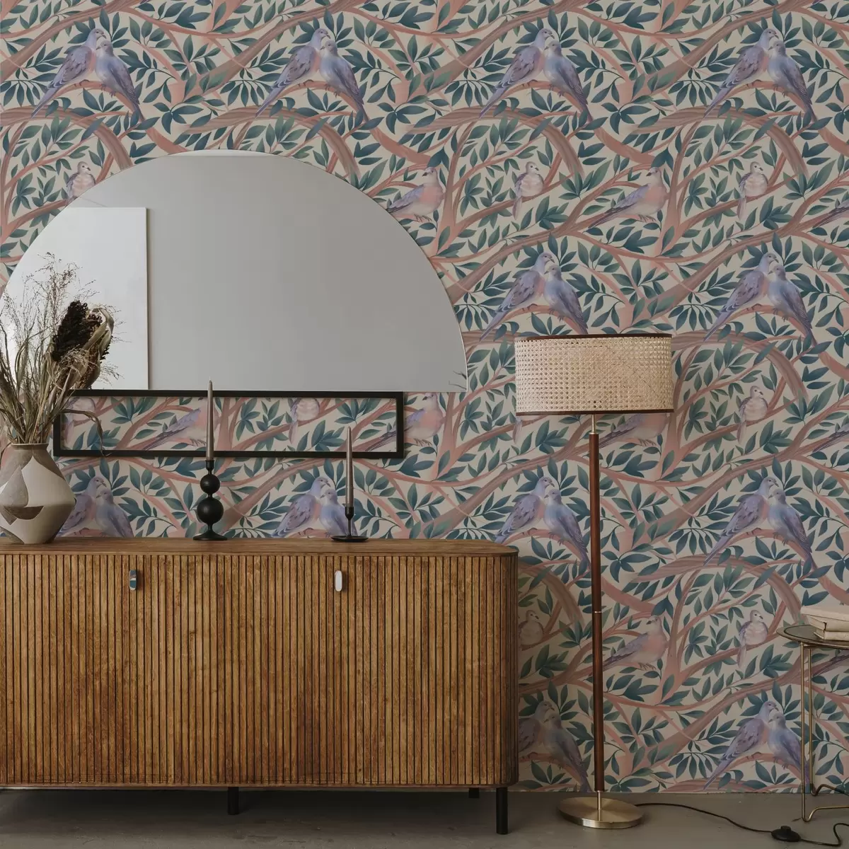 Tapety Holubi mezi větvemi a listy v jemné pastelové paletě a00796