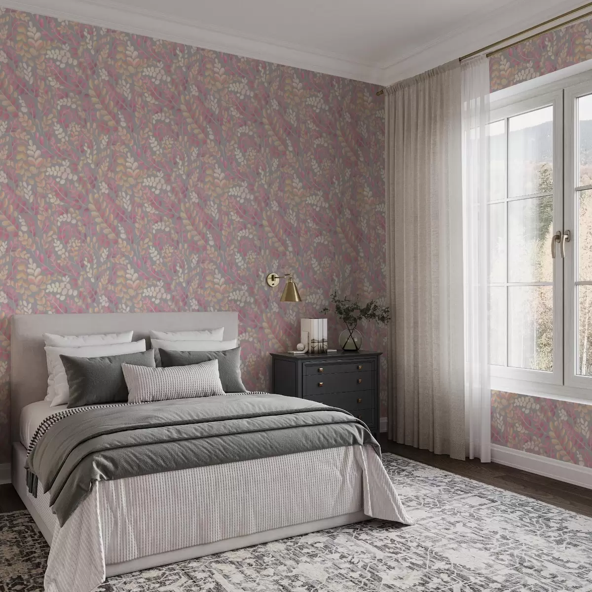 Tapety Pastelové větve s růžovo-broskvovým olistěním na šedém pozadí a00799v1