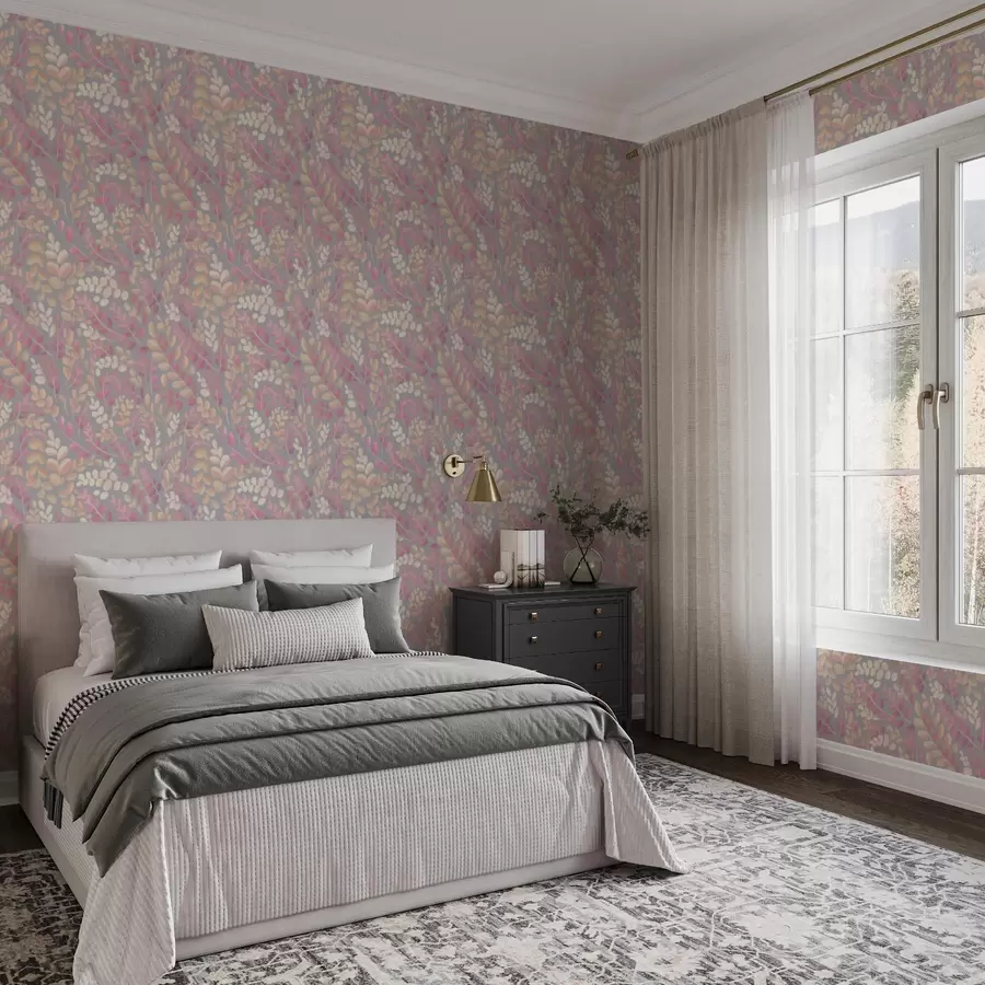 Fototapet Pastelové větve s růžovo-broskvovým olistěním na šedém pozadí a00799v1